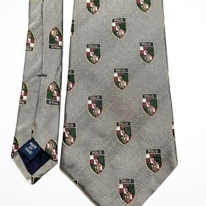 Ralph Lauren 100% Silk Hand Made Gray Shield Player Crest Men's Tie